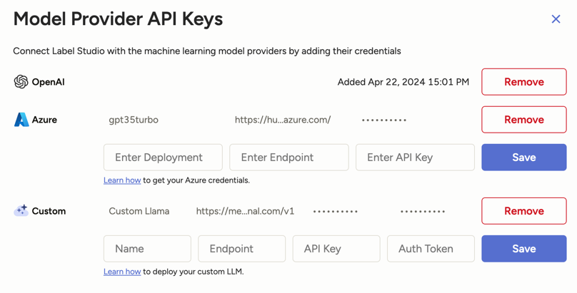 Screenshot of the API keys modal